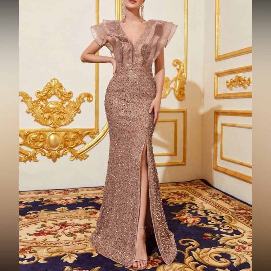 Luxe Dusty Pink Ruffle Mesh Slit Thigh Sequins Party Formal Evening Gown Dress
